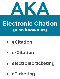 Electronic Citation, also known as eCitation, e-Citation, electronic ticketing, and eTicketing