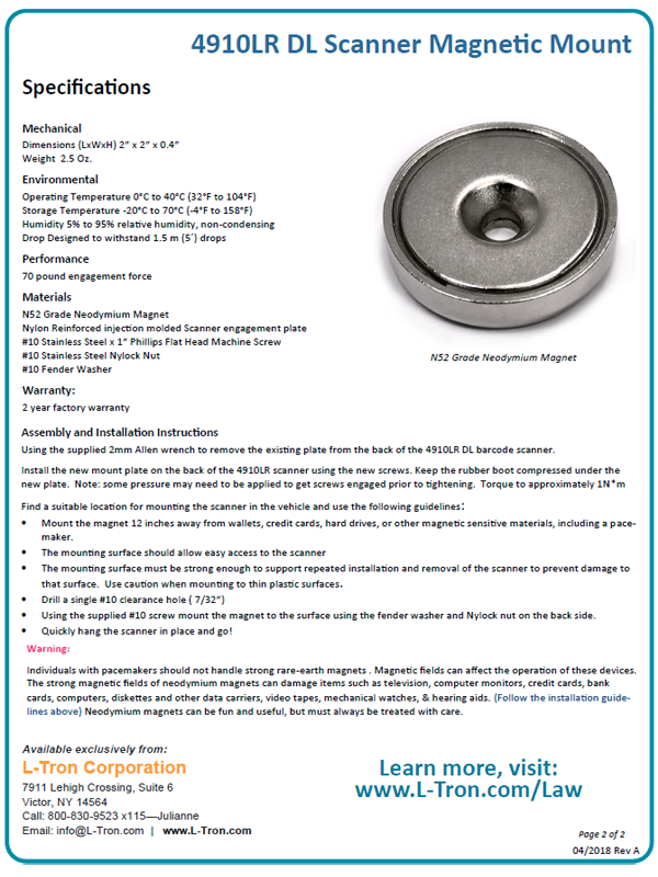 4910lr dl reader magnetic mount datasheet p2