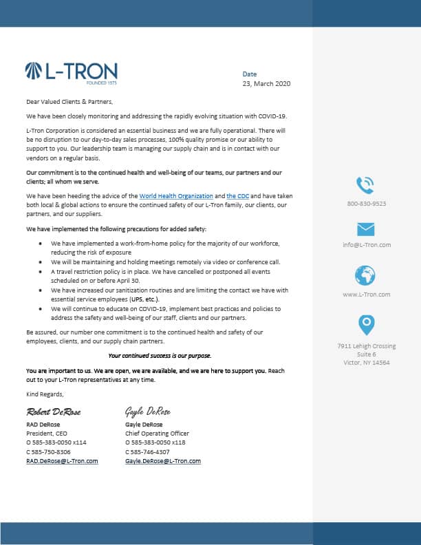 L-Tron COVID-19 Updates