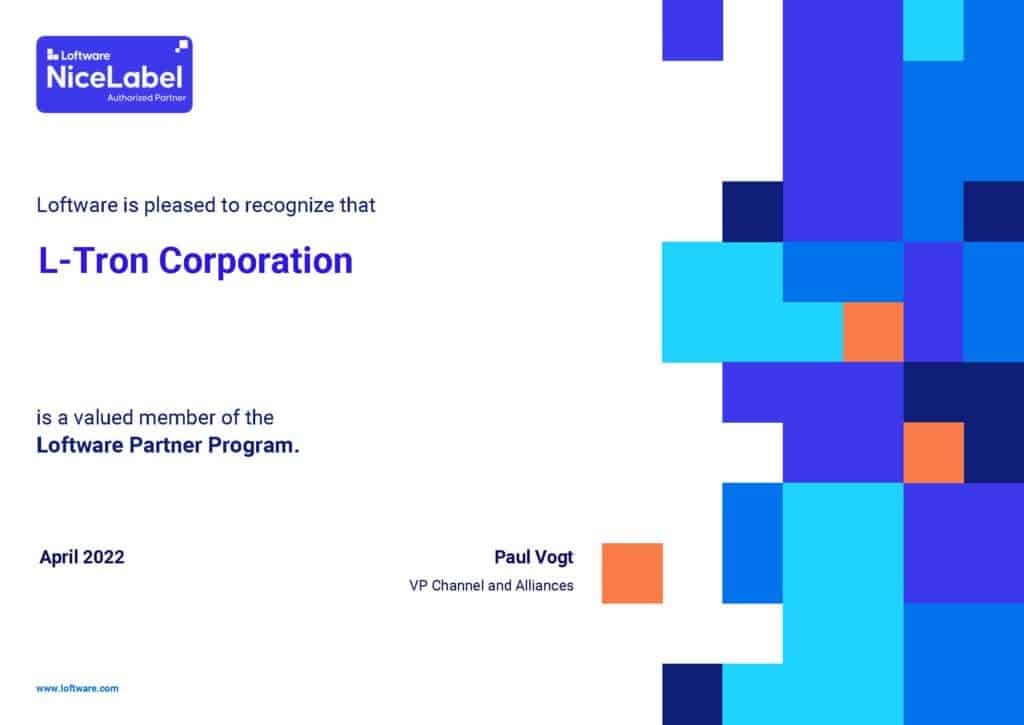 NiceLabel Loftware Partner Certificate