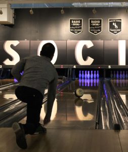 Tom bowling at the LTC end-of-year company party