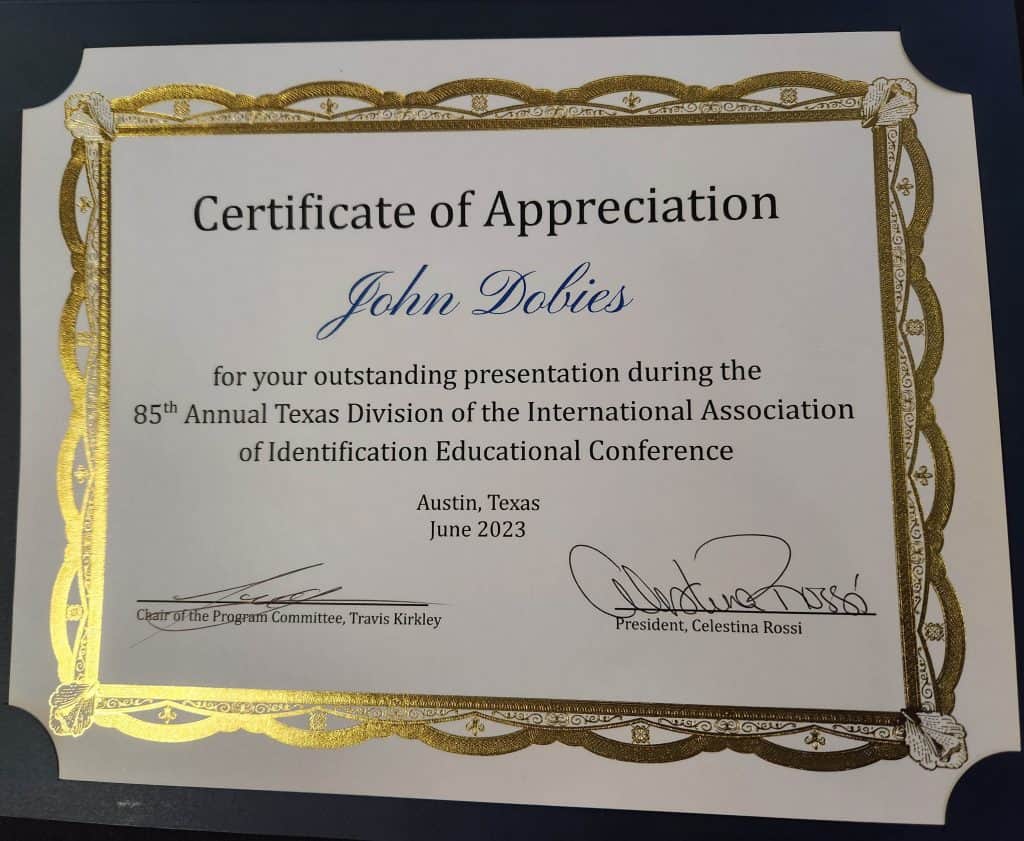 Johns Presentation cert. Tx IAI Conference